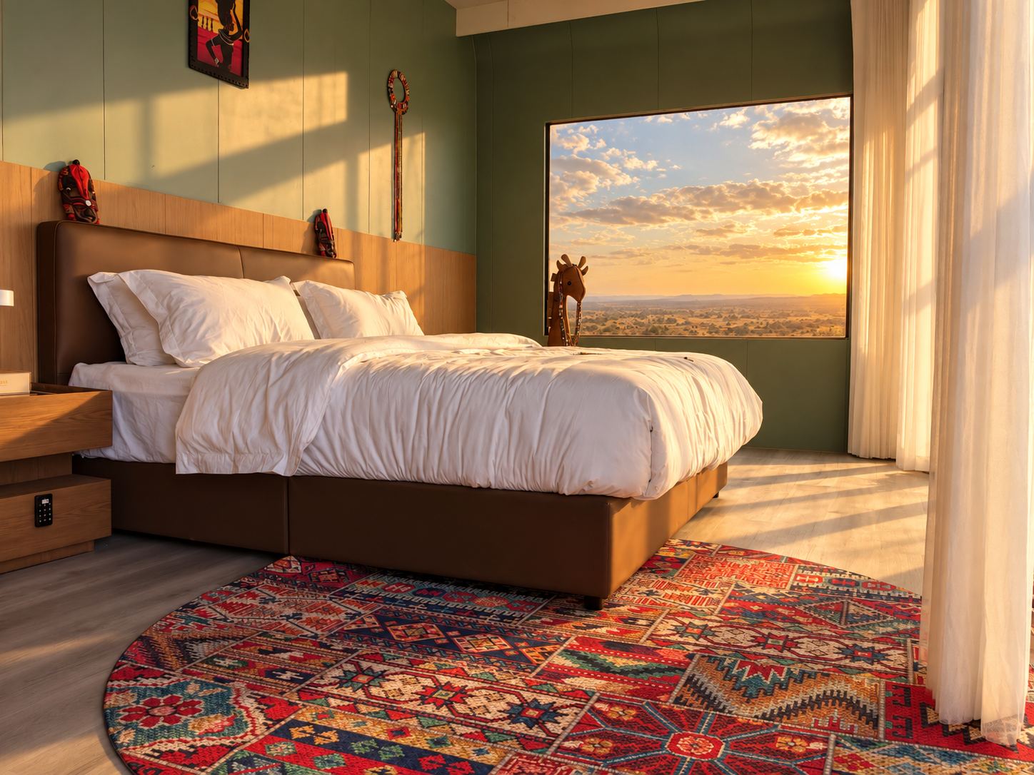 Bedroom with a picture window over the savanna at sunset