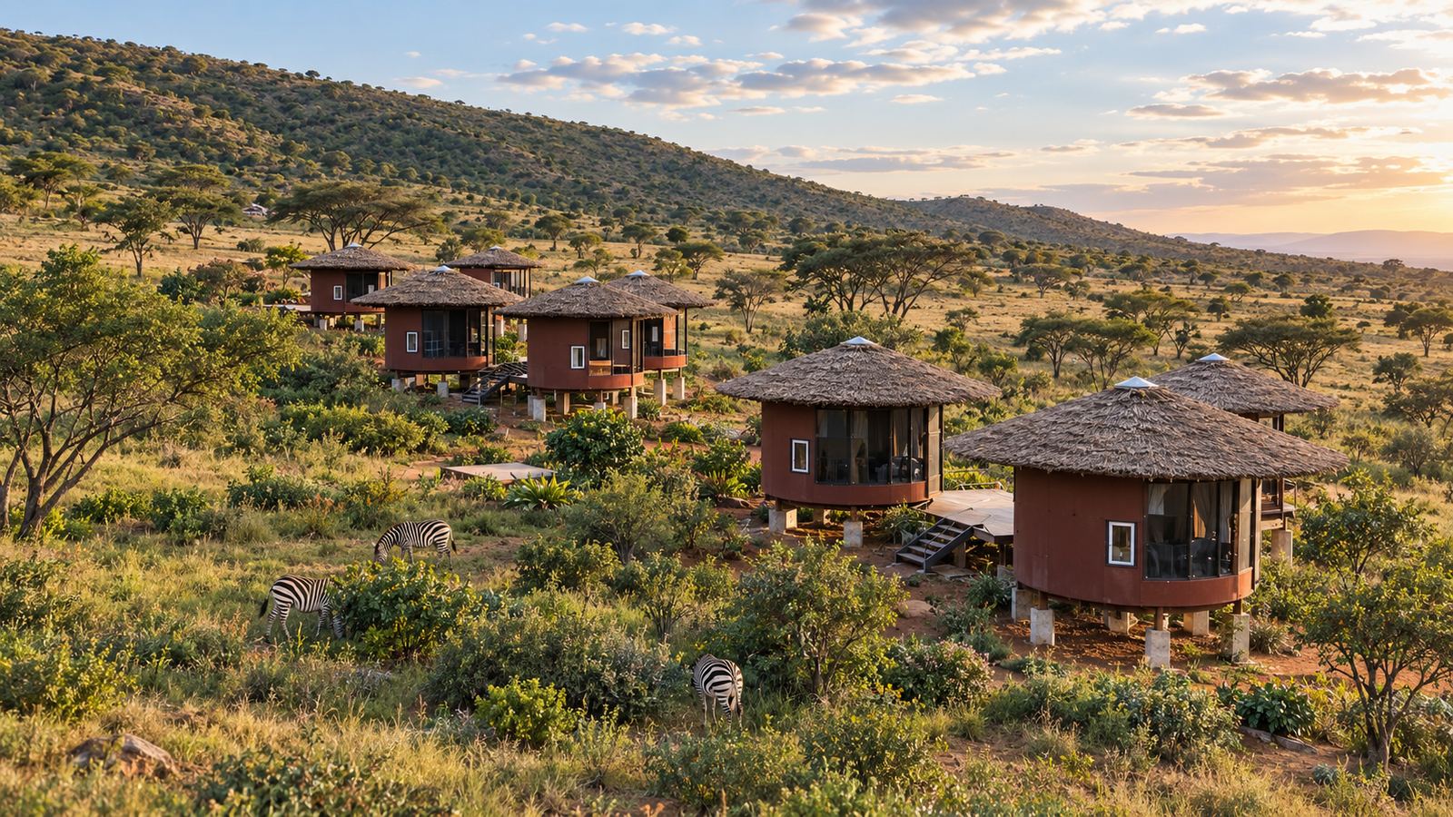 Artist's impression of thatched Manyatta Round Houses on the hillside at sunset