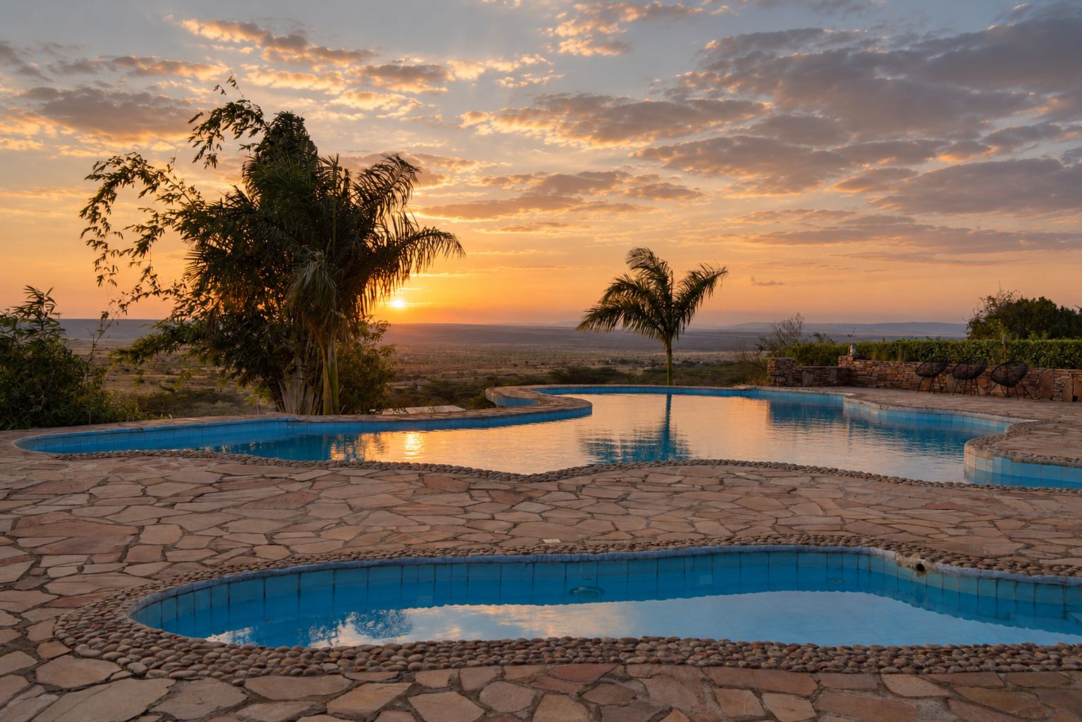 The camp pool at sunset