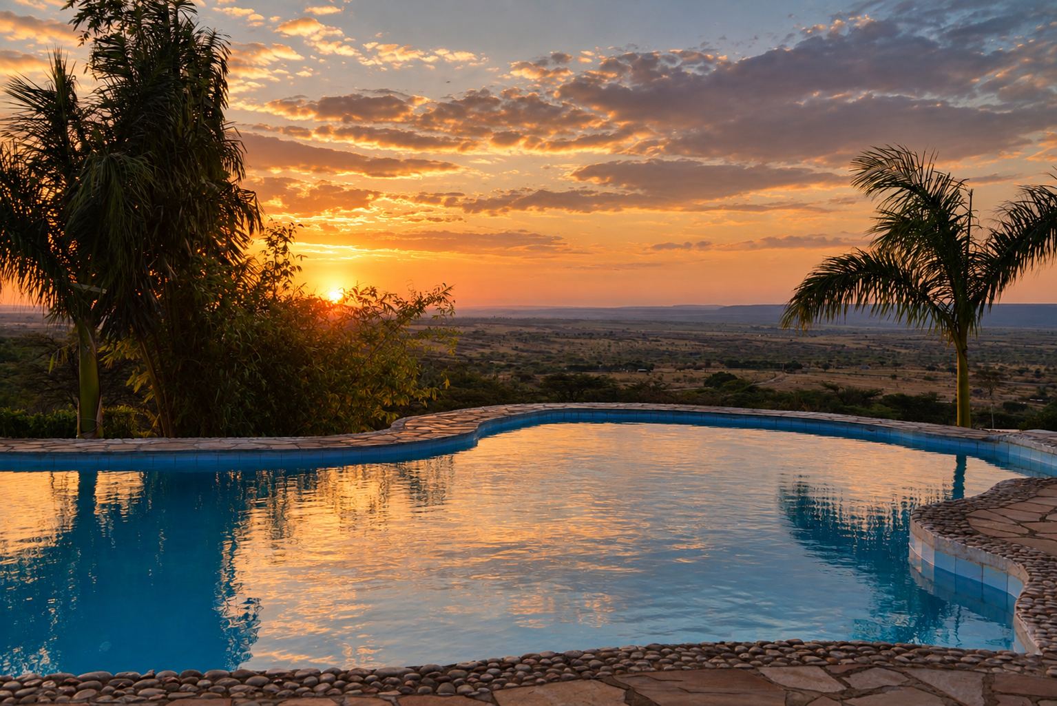 The camp pool reflecting a golden sunset over the plains