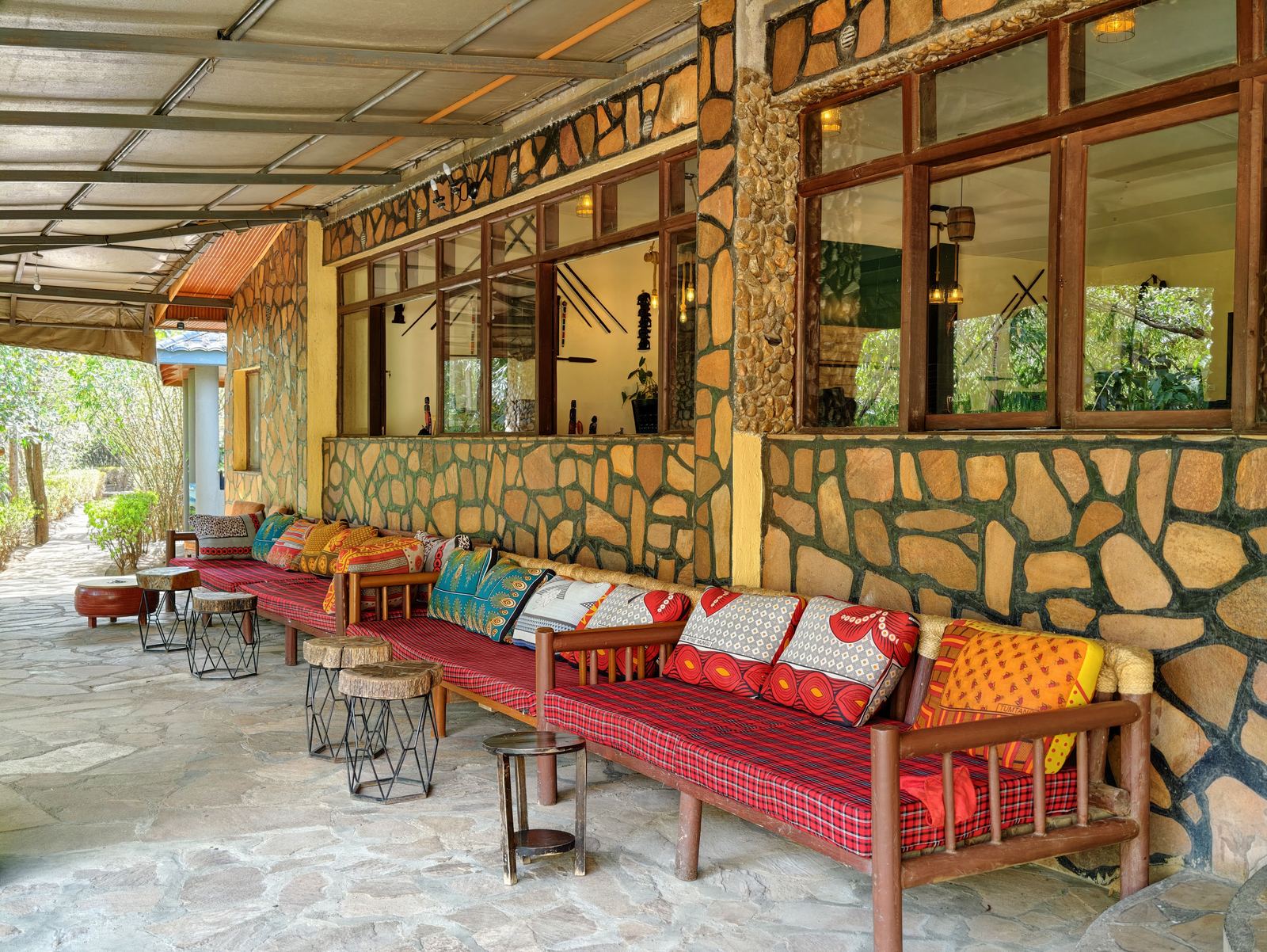 The stone-walled restaurant terrace at camp